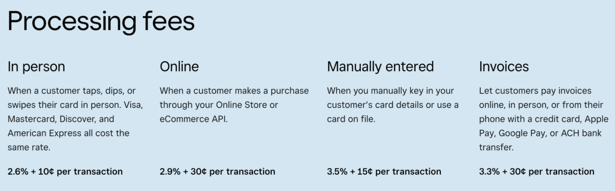 Square pricing table